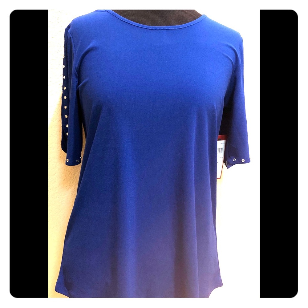 Blue Top With Rhinestones Down Sleeves